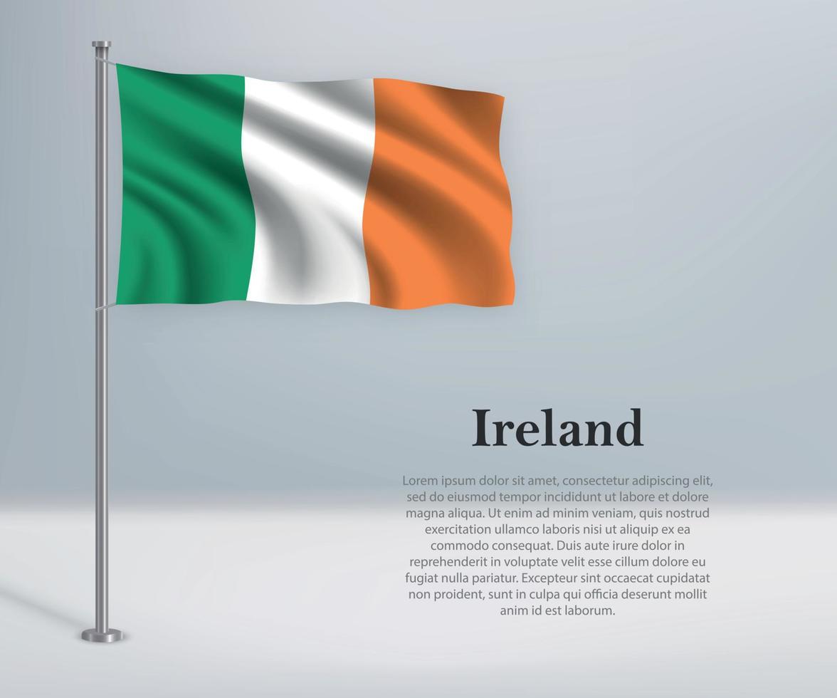 Waving flag of Ireland on flagpole. vector