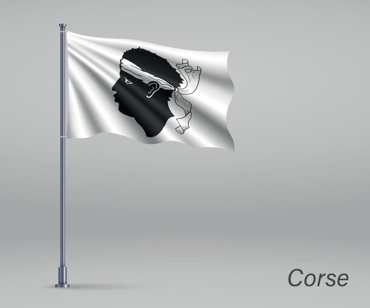 Waving flag of Corse - region of France on flagpole. vector