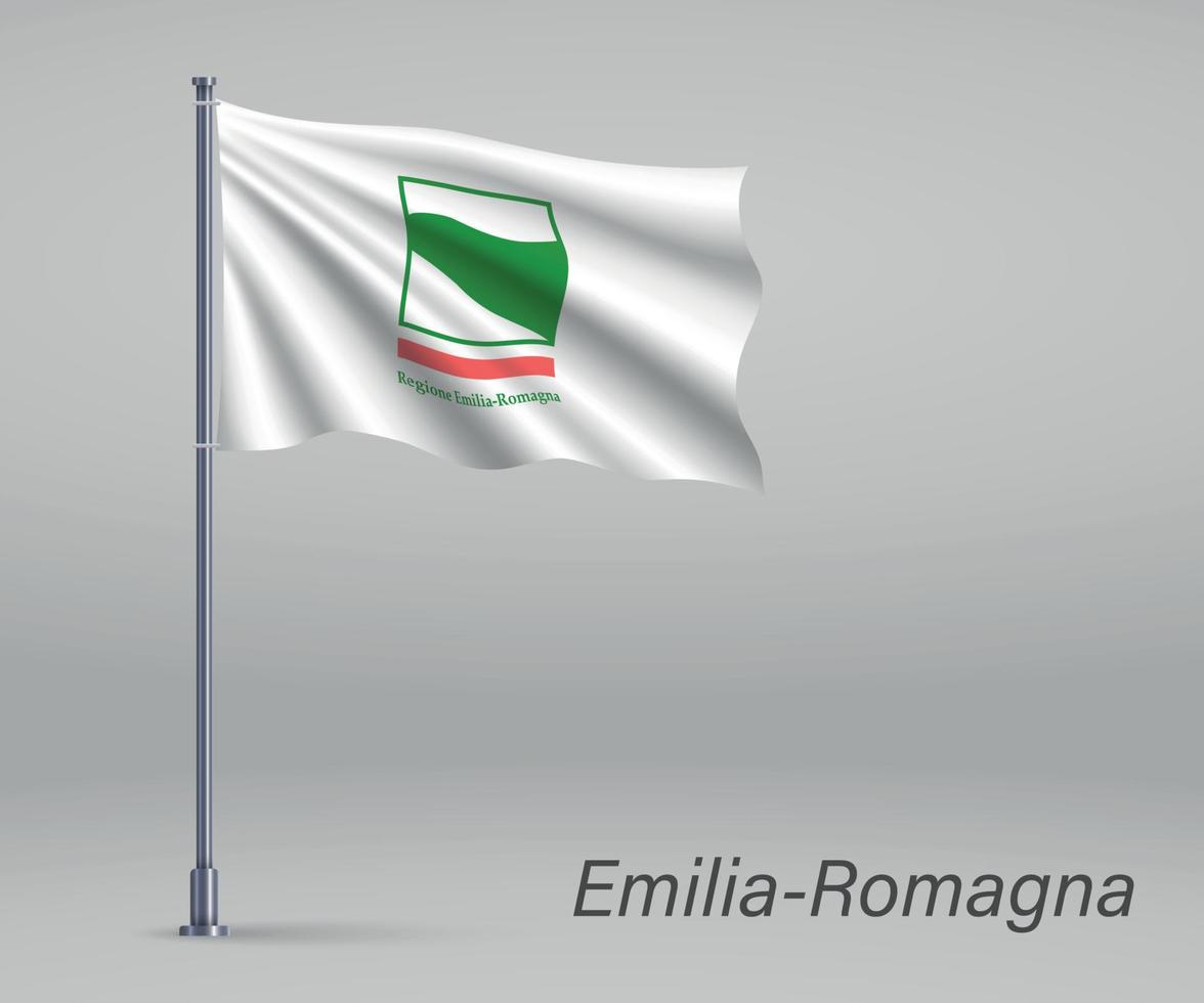 Waving flag of Emilia-Romagna - region of Italy on flagpole. vector