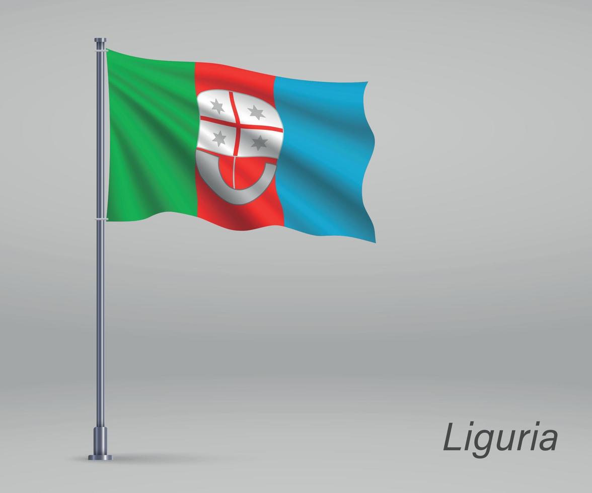 Waving flag of Liguria - region of Italy on flagpole. vector