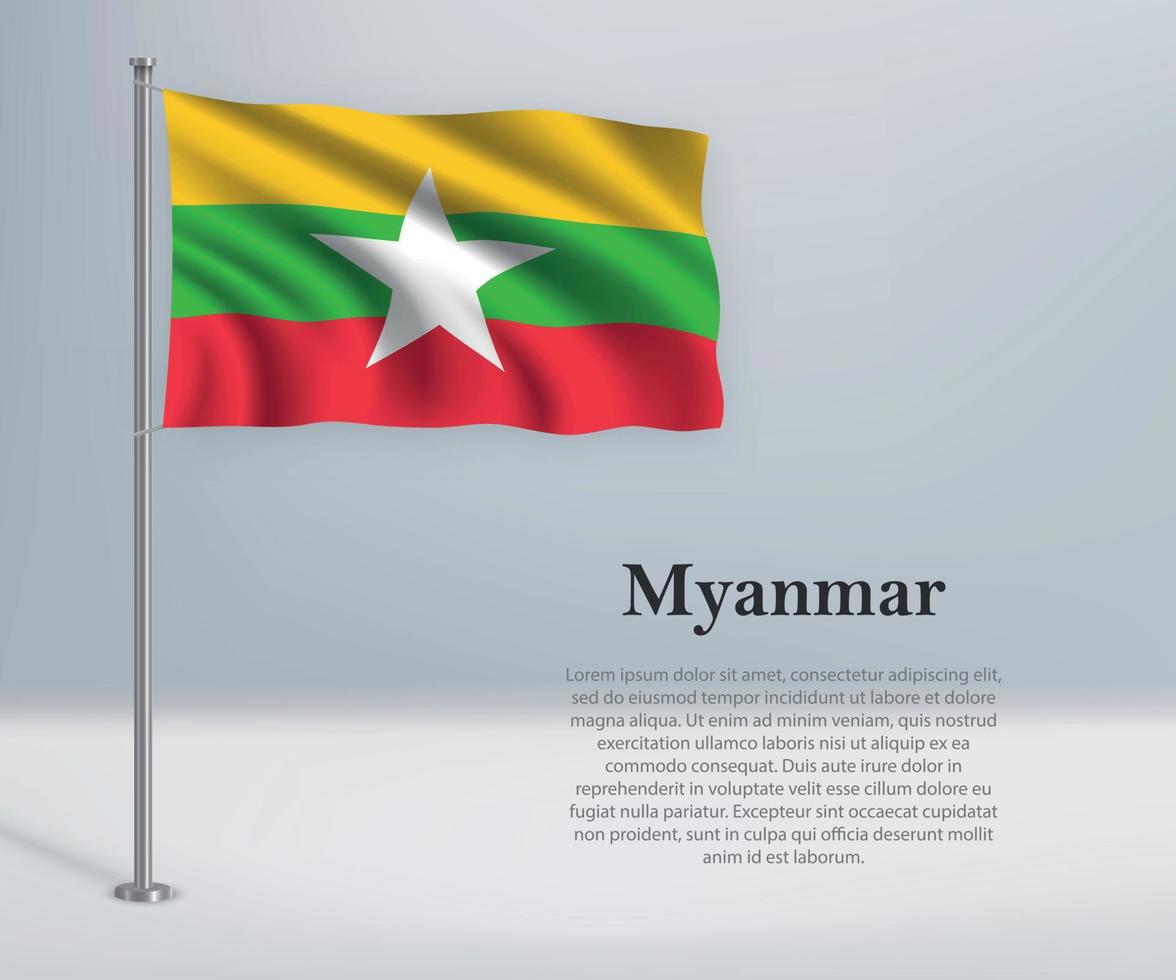 Waving flag of Myanmar on flagpole. vector