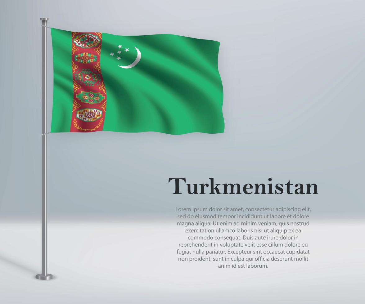 Waving flag of Turkmenistan on flagpole. vector