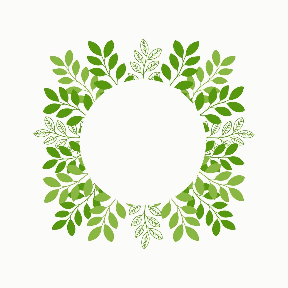 Round elegance frame of green branches with leaves on white background. Modern flat floral design. Vector illustration
