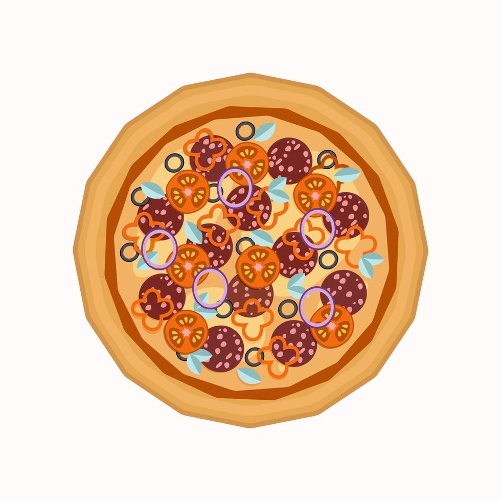 Delicious round pizza with tomatoes, peppers, olives and salami. Vector illustration in flat style on white background. View from above