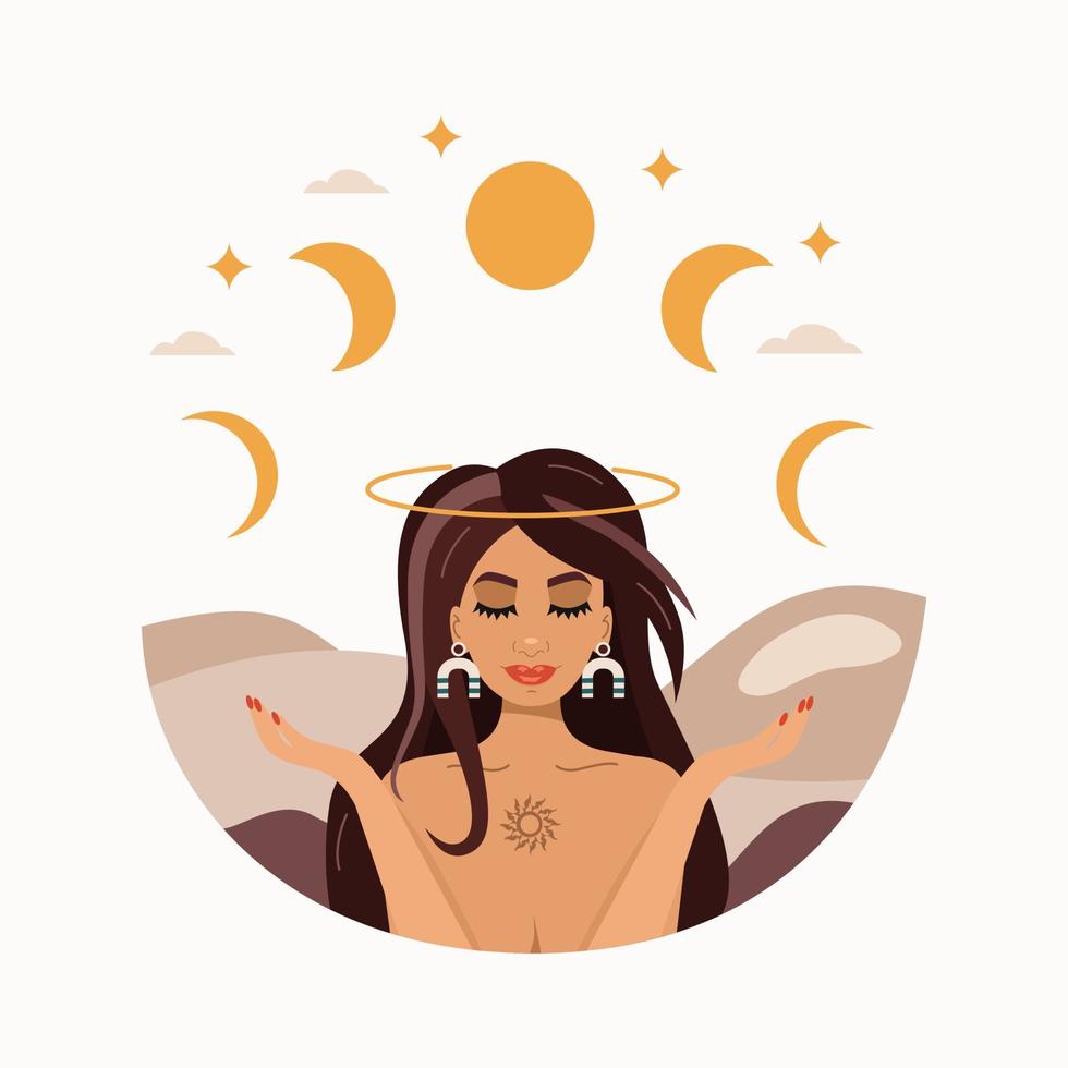 Cute girl with closed eyes and open hands to the sky on white background. Moon phases , clouds and stars. Trendy moonlight landscape. Vector illustration