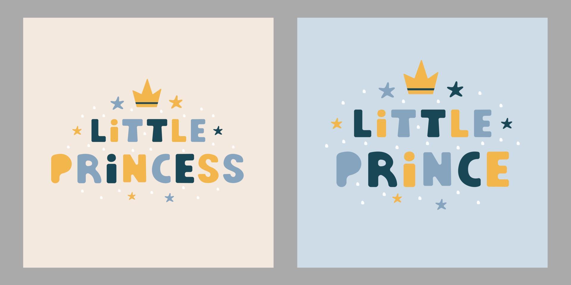 pequeños carteles de letras de príncipe y princesa en estilo plano. ilustración vectorial moderna para ropa de niños, tarjetas, pancartas, carteles, textiles, tipografía, baby shower vector