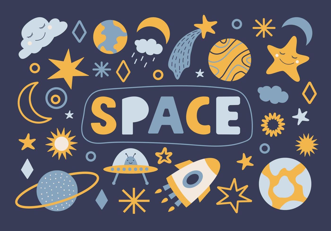 Modern space set with cosmic elements and lettering. Hand drawn vector illustration in yellow and blue colors isolated on blue background.