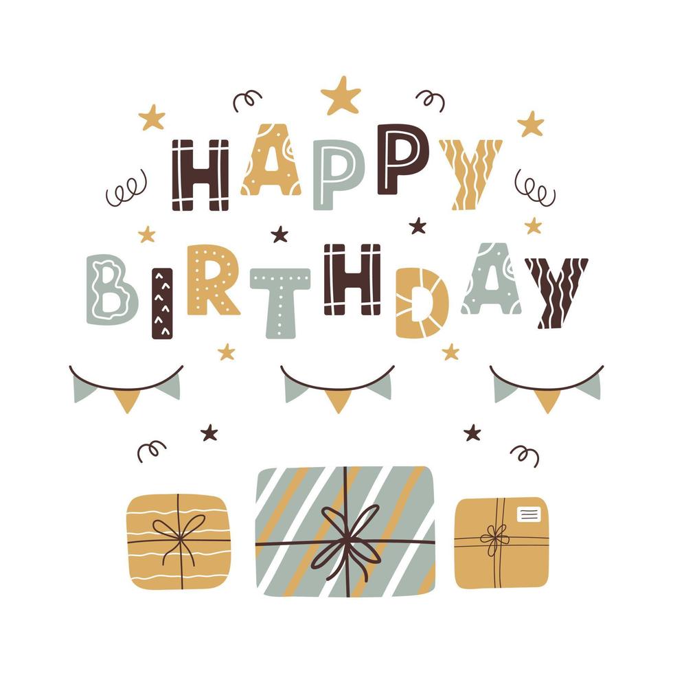 Happy Birthday greeting card or banner in scandinavian style on white background. Modern hand drawn illustration vector