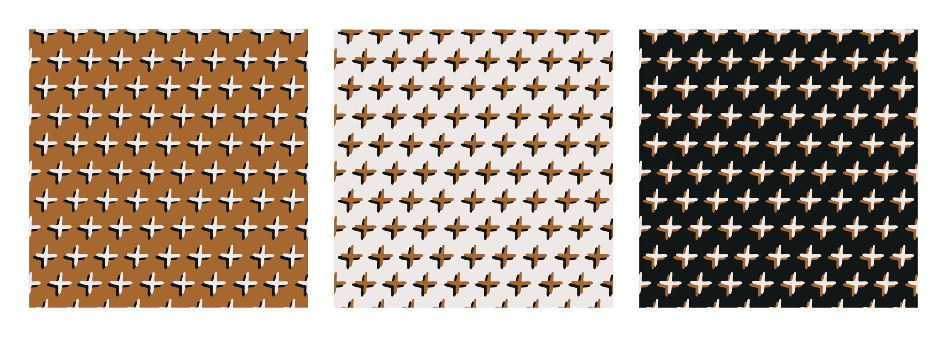 conjunto abstracto de patrones sin fisuras de garabatos 3d cruces sobre fondo mostaza, negro y claro. diseño vectorial moderno vector