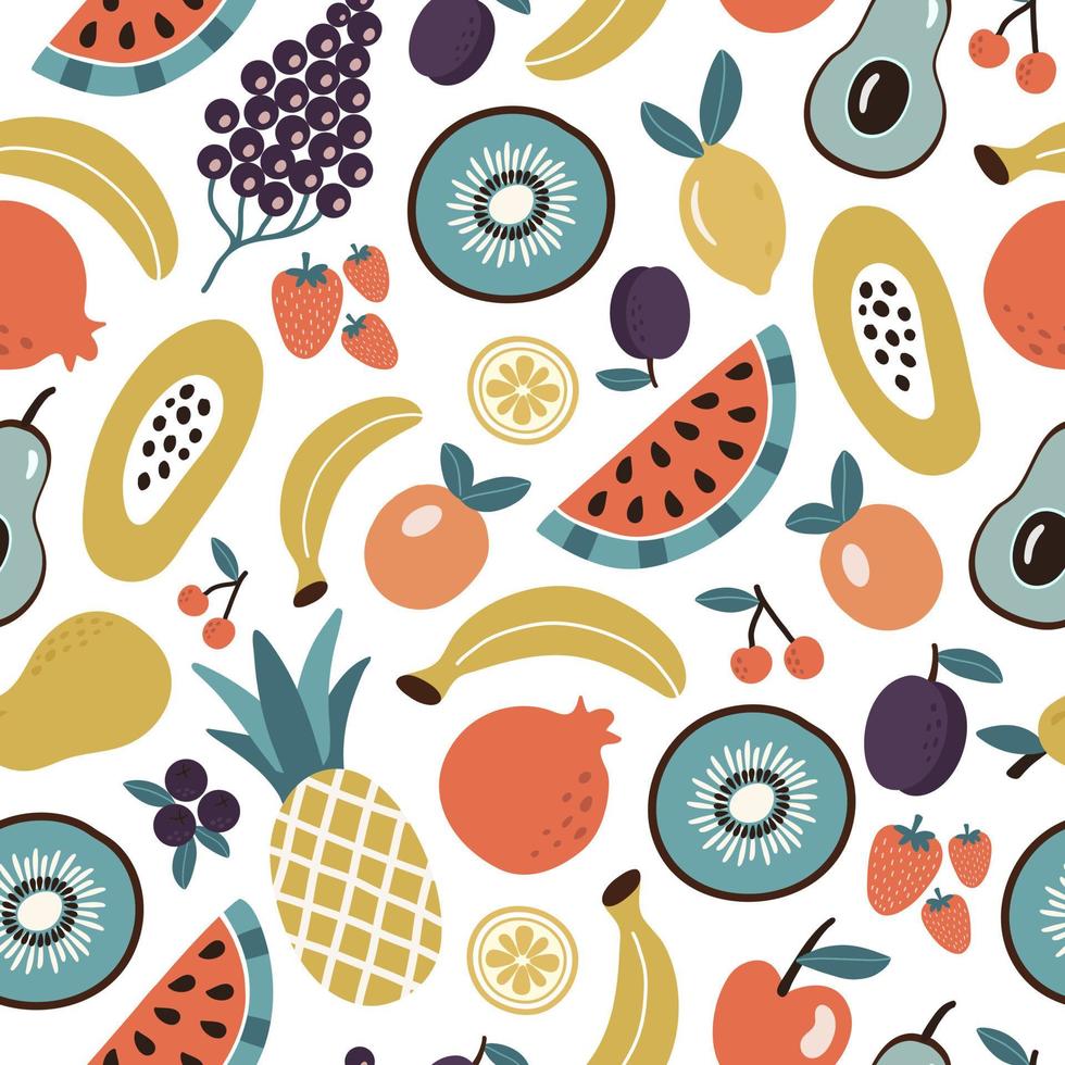 Colorful seamless pattern of organic tropical fruits and berries or vegetarian food on white background. Vector hand drawn design in flat style