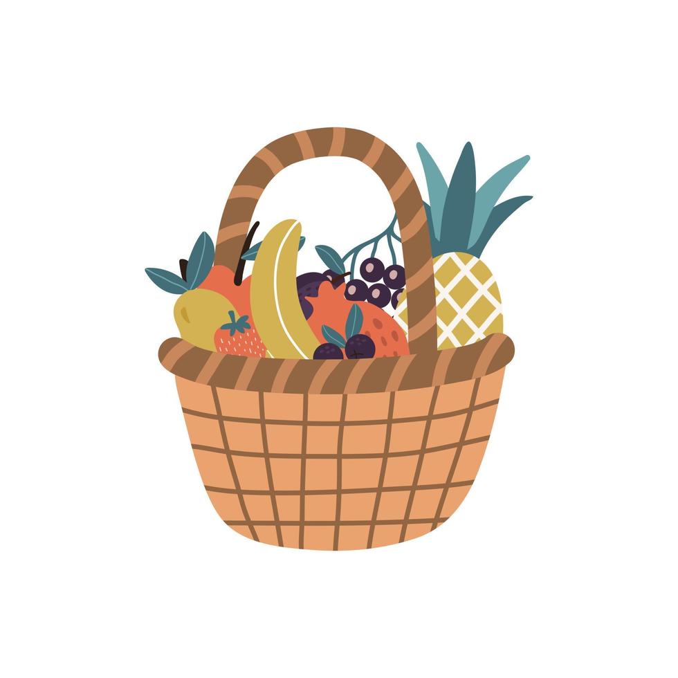 Wicker basket with fresh tropical fruits and berries isolated on a white background. Vector cartoon illustration for banner, tag, magazine, website in flat style