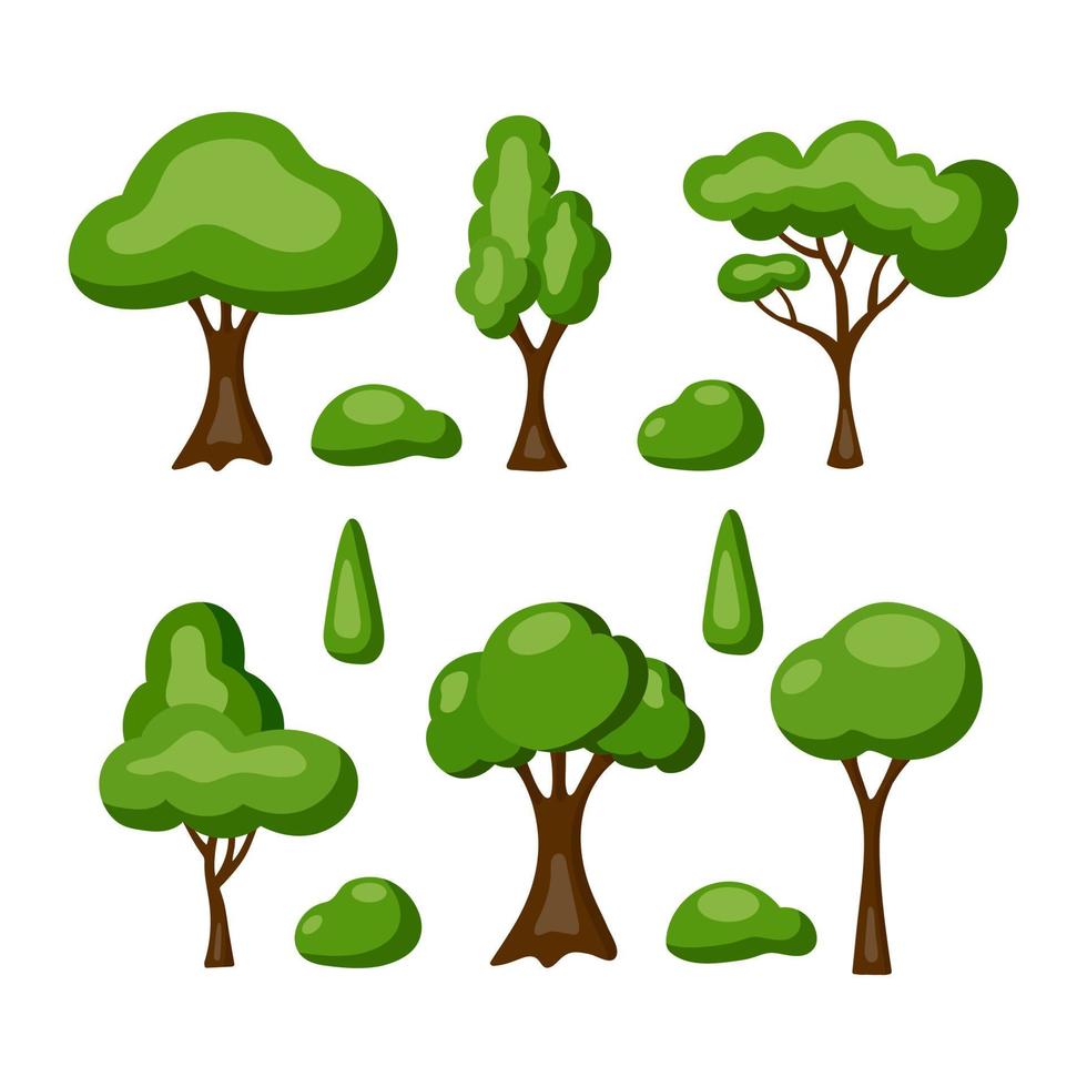 colorido conjunto de árboles de dibujos animados aislado sobre fondo blanco. naturaleza moderna plantas verdes, bosque. ilustración vectorial vector