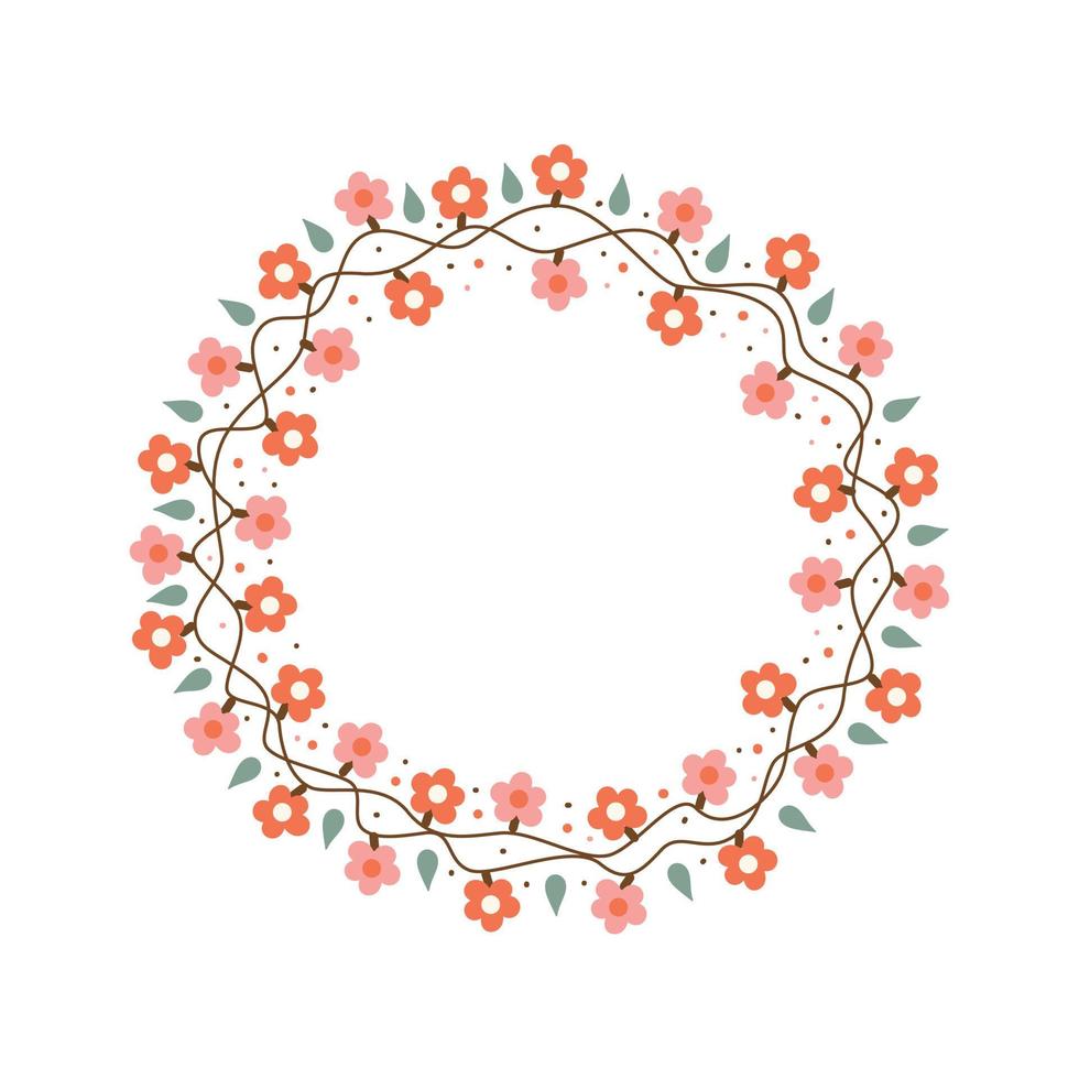 marco redondo floral o guirnalda aislado sobre fondo blanco. diseño colorido de moda en estilo de dibujos animados. ilustración vectorial vector