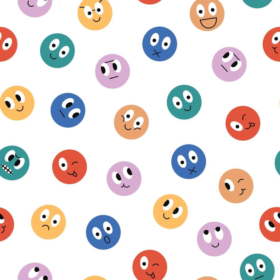 Colorful emotions seamless pattern. Cute circle smile faces on white background. Geometrical fabric design for kids textile. Funny vector illustration