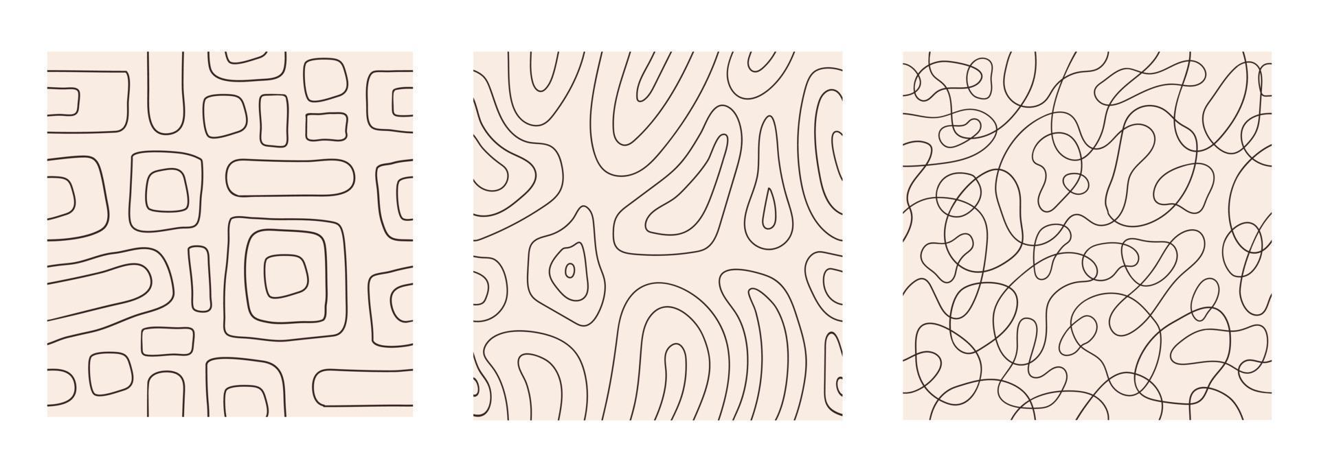 Stylish set abstract seamless pattern with brown geometric tangled lines on pastel background. Vector doodle design