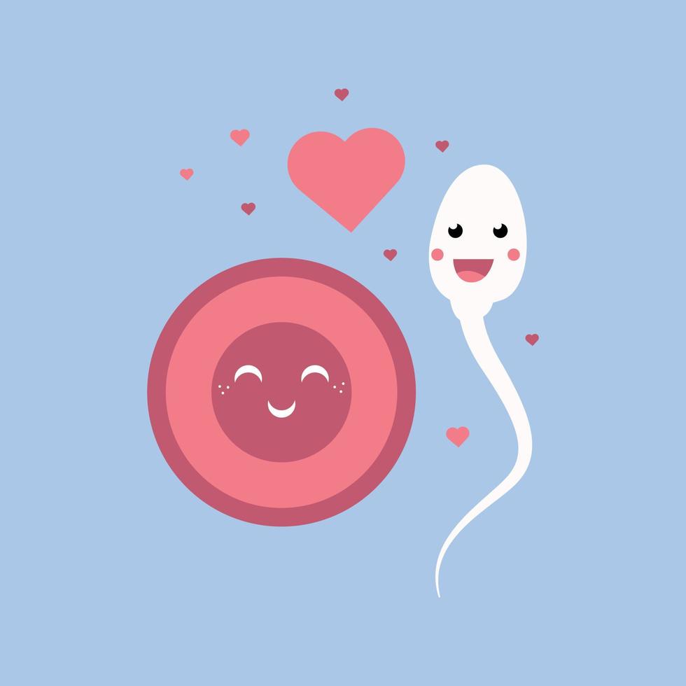 lindo óvulo de dibujos animados y esperma en estilo plano sobre fondo azul. el concepto de fertilización y amor entre mujer y hombre. ilustración vectorial moderna vector