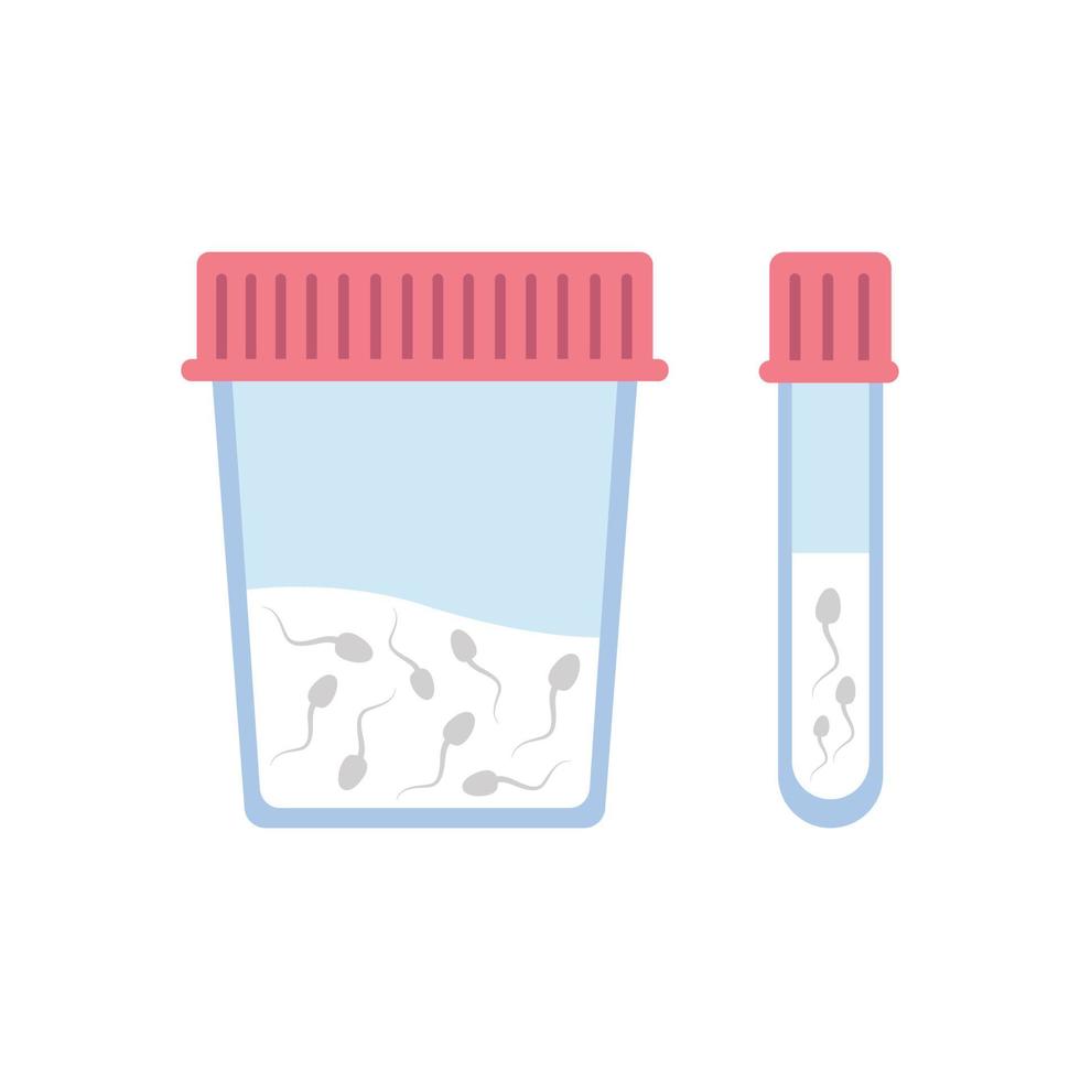 Semen container and test tube in flat style on white background. Concept of sperm donation and infertility testing. Modern vector illustration