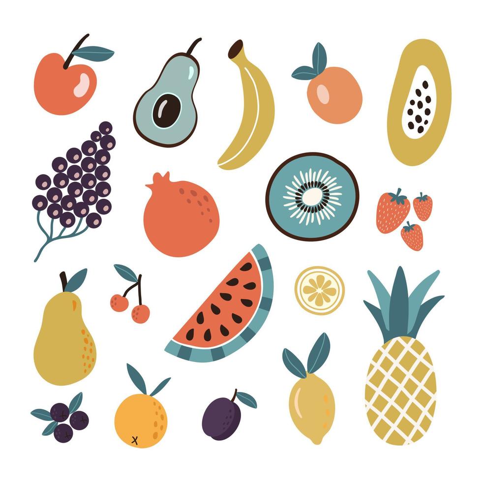 colorido conjunto de frutas y bayas tropicales orgánicas o comida vegetariana sobre fondo blanco. icono de colección dibujado a mano vectorial en estilo plano vector