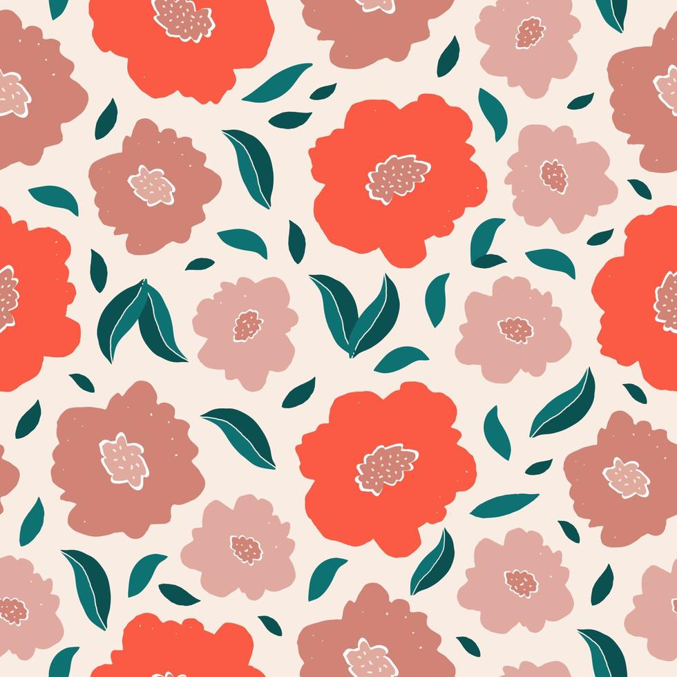 Modern abstract seamless pattern with colorful flowers and leaves. Vector hand drawn design for wallpaper, textile, paper, cover, fabric, interior decor