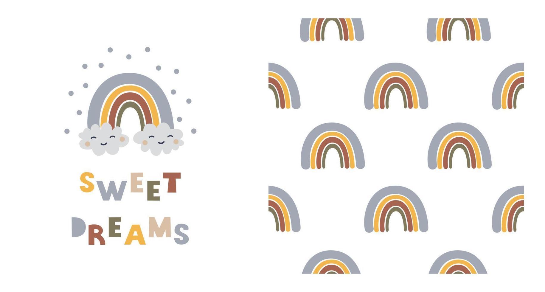 Seamless pattern with colorful rainbow and lettering phrase Sweet Dreams with smiling cloud on a white background. Scandinavian style . Modern vector illustration