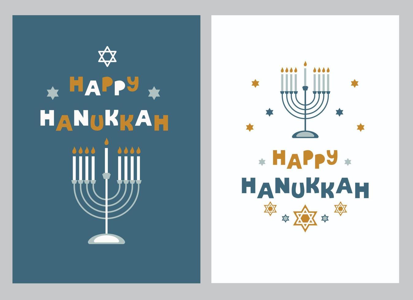 Happy Hanukkah posters with creative symbols in flat style. Modern design for card, banner, typography. Vector illustration