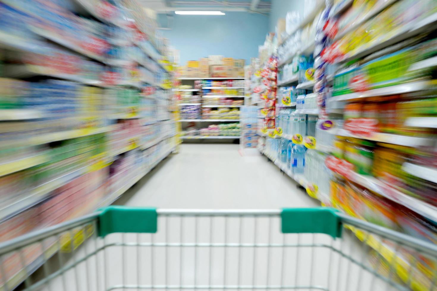 Shopping in supermarket shopping cart view with motion blur photo