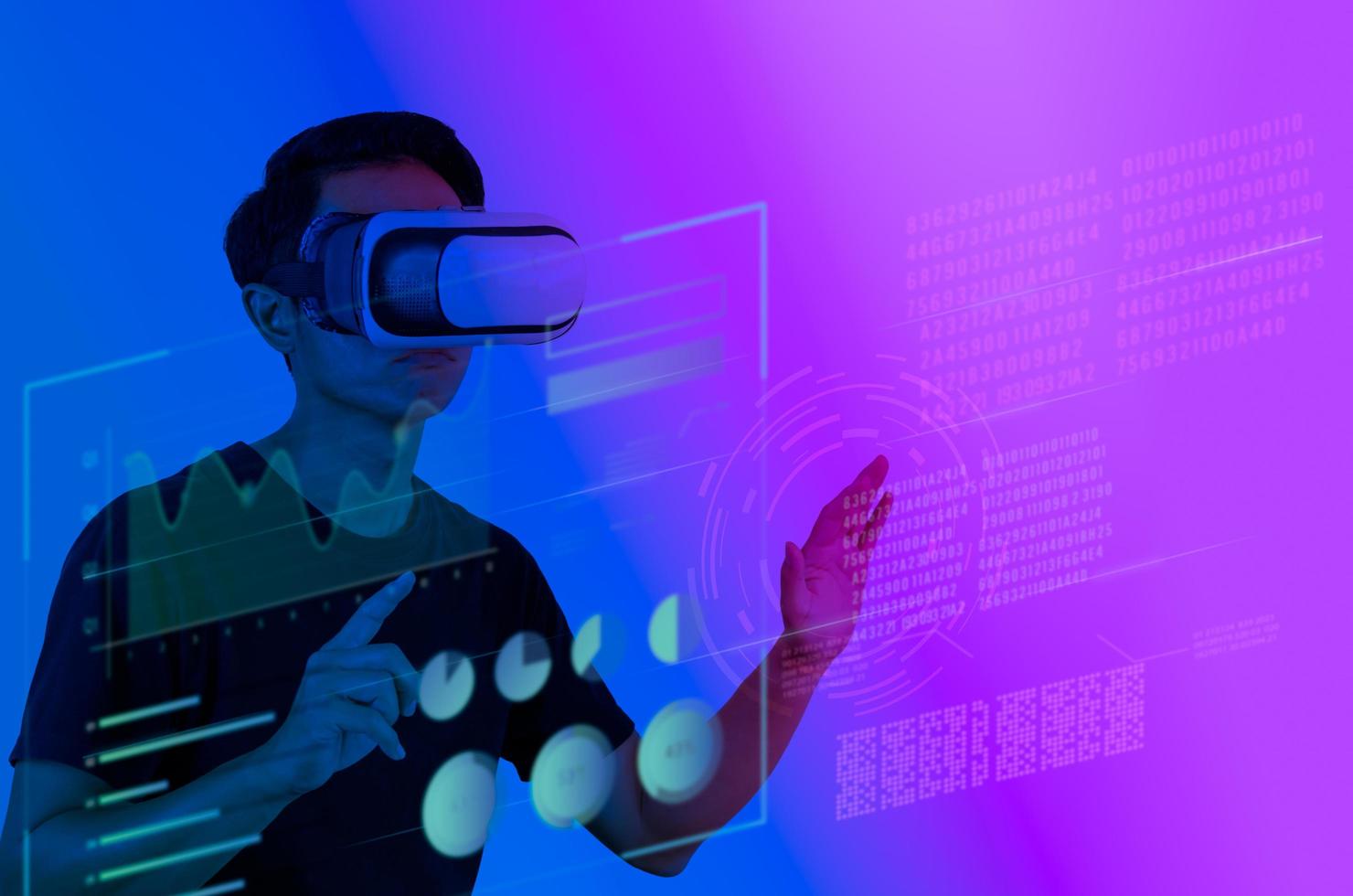 man wearing VR glasses touch virtual screen metaverse technology global internet connection virtual social network. photo