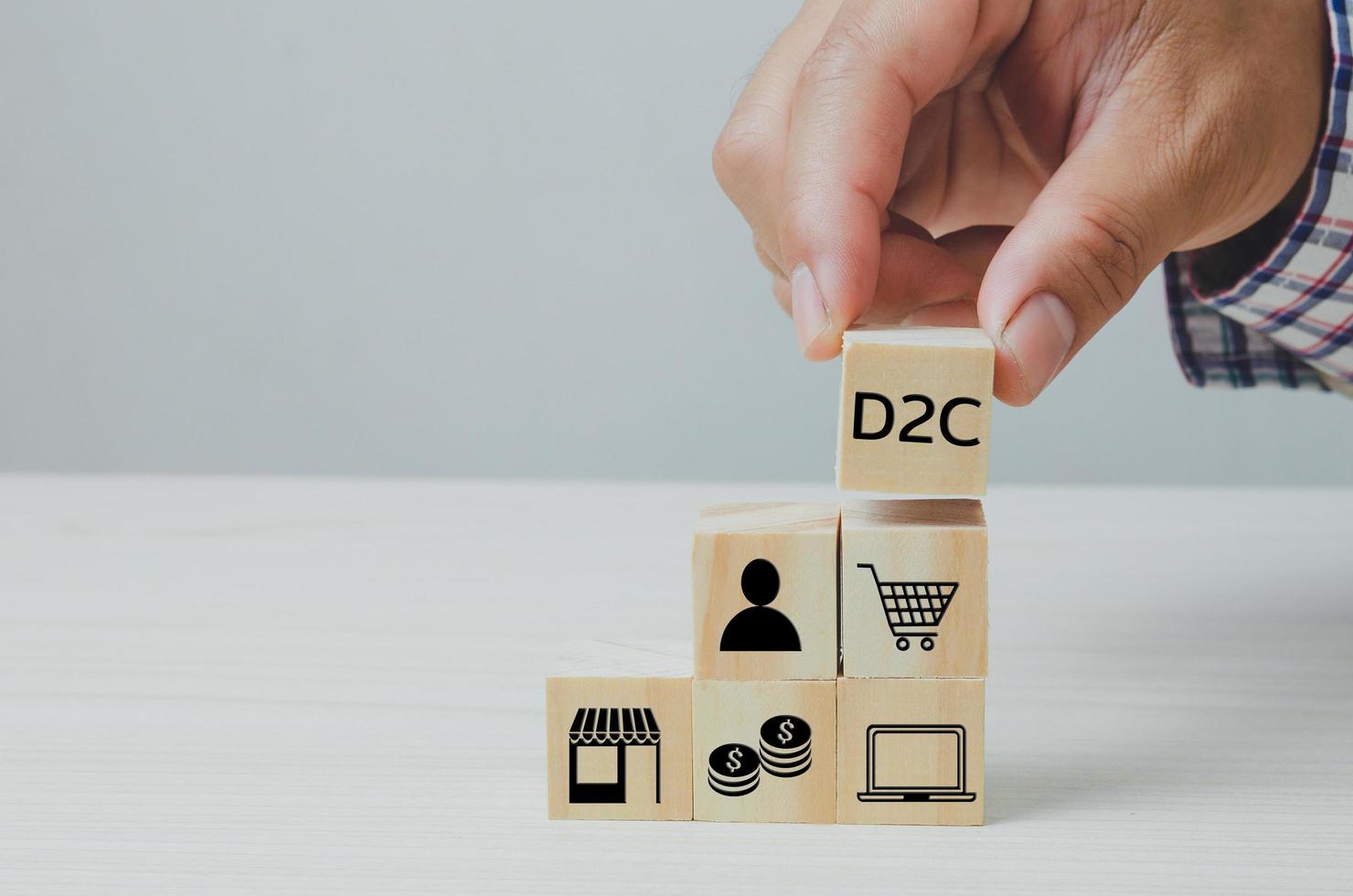 Hand put wooden cubes with Direct to Consumer D2C on table and copy space.Business concepts. photo