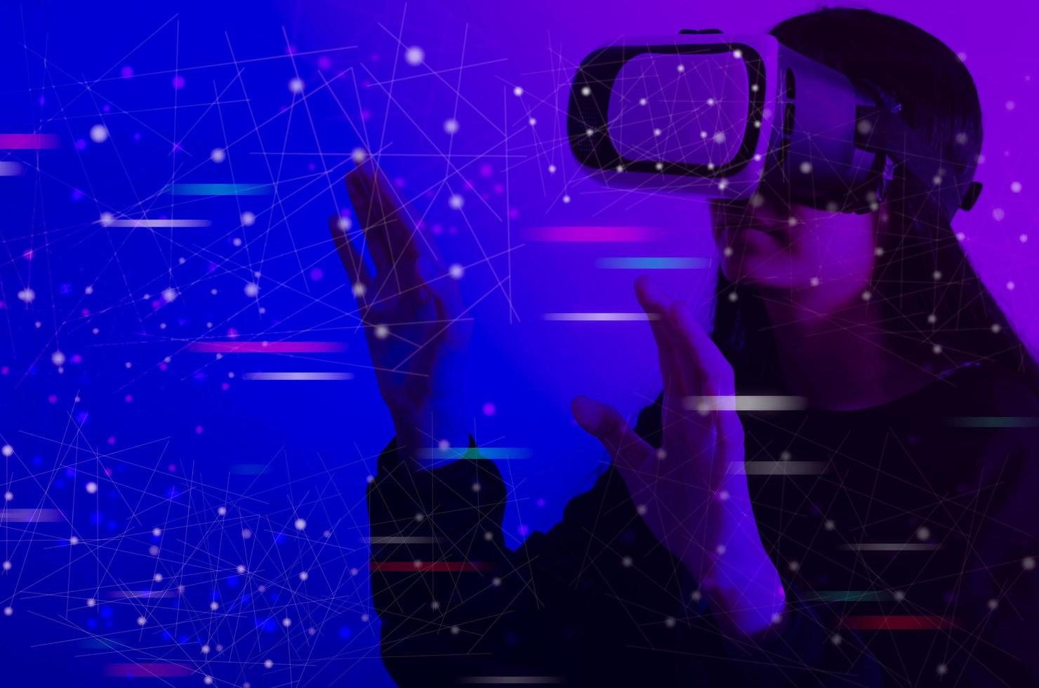woman wearing VR glasses touch virtual screen metaverse technology global internet connection virtual social network. photo