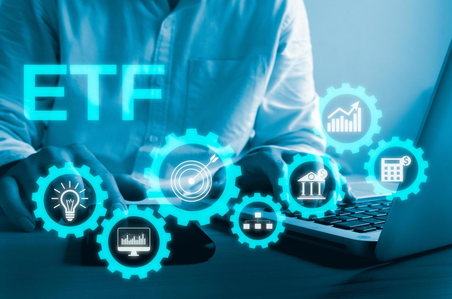 hand touching screen digital virtual futuristic interface icon ETF Exchange Traded Fund. Business stock market finance Index Concept. photo
