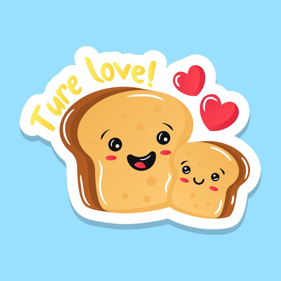 Cute bread slices with hearts, flat sticker vector