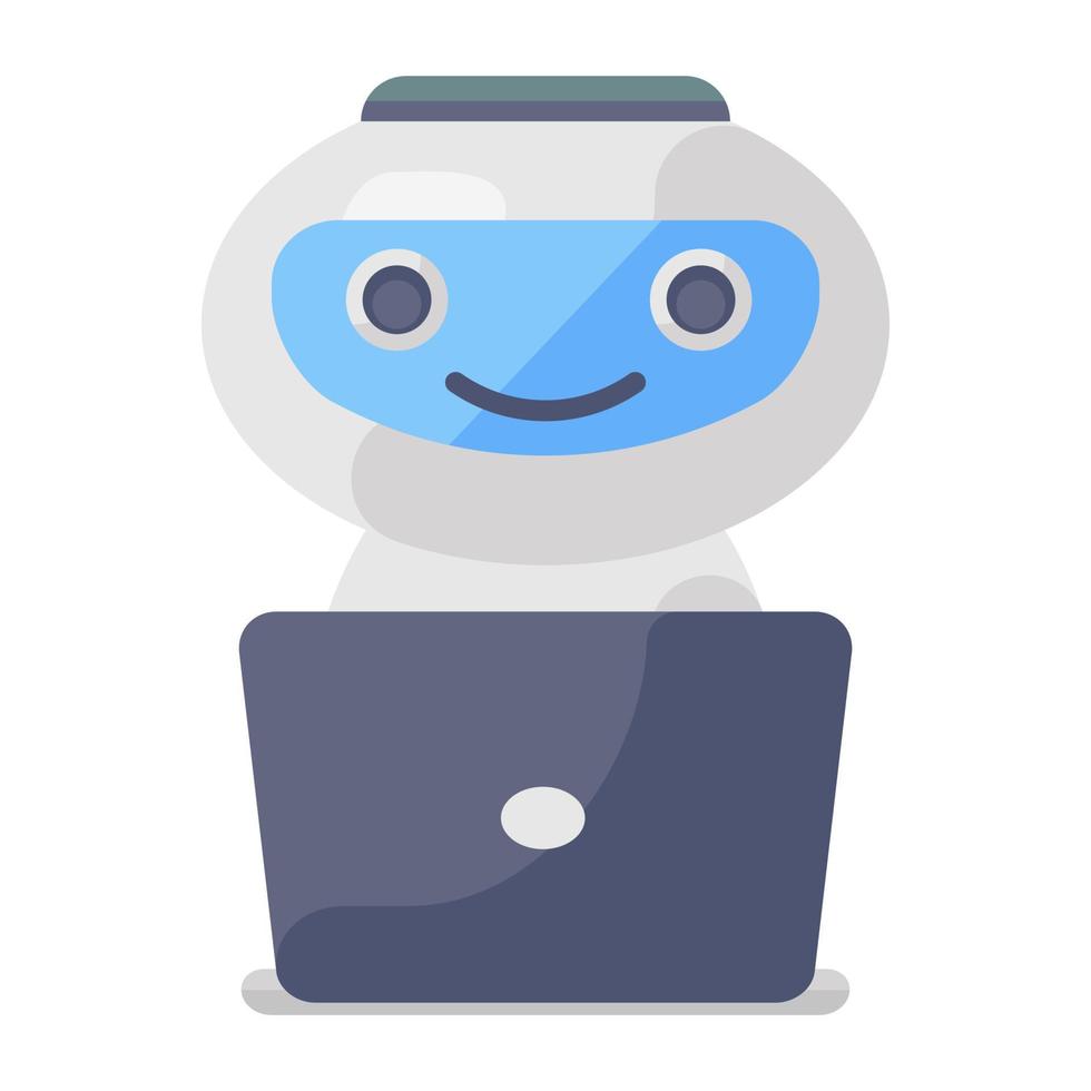 Robot working on laptop, software agent flat icon vector