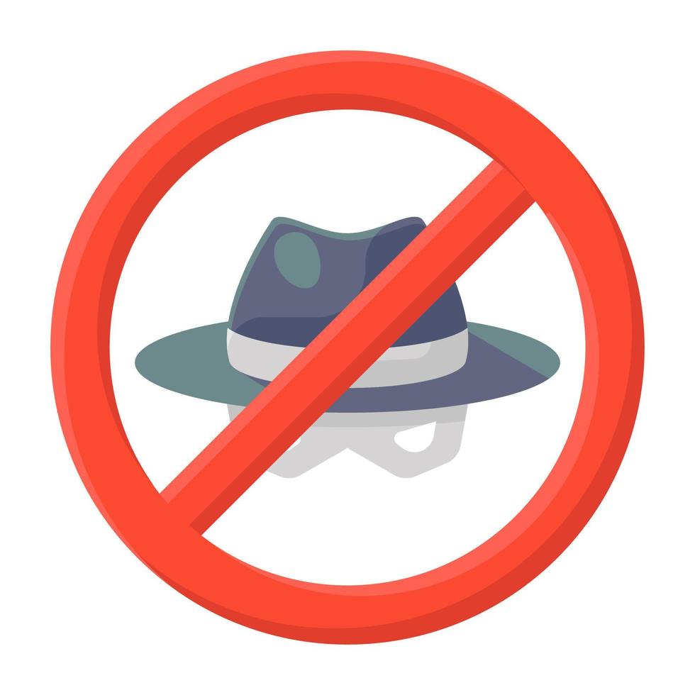 Hat and glasses with forbidden sign, anti spy icon vector