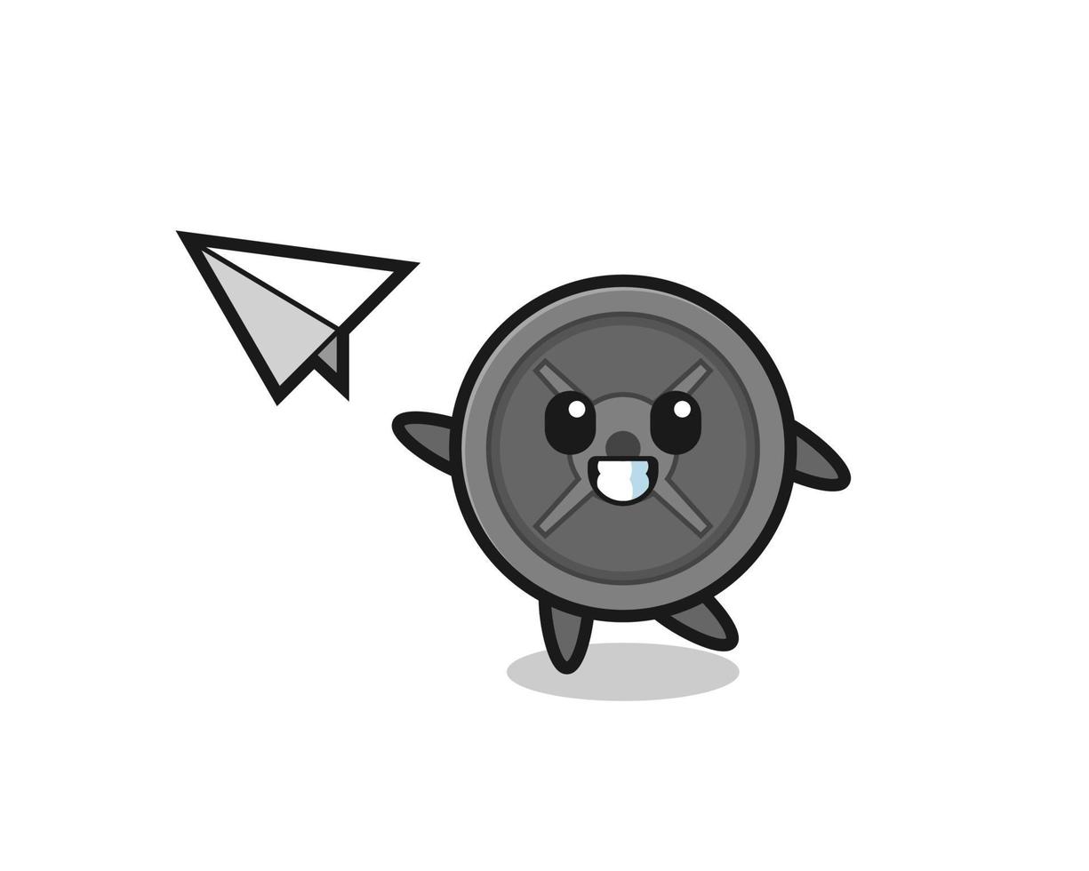 barbell plate cartoon character throwing paper airplane vector
