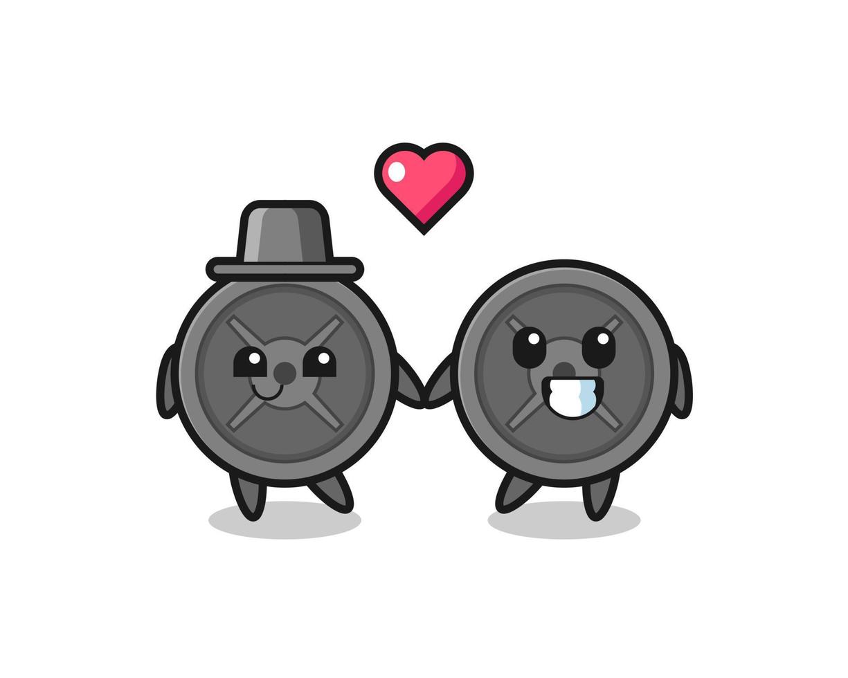 barbell plate cartoon character couple with fall in love gesture vector