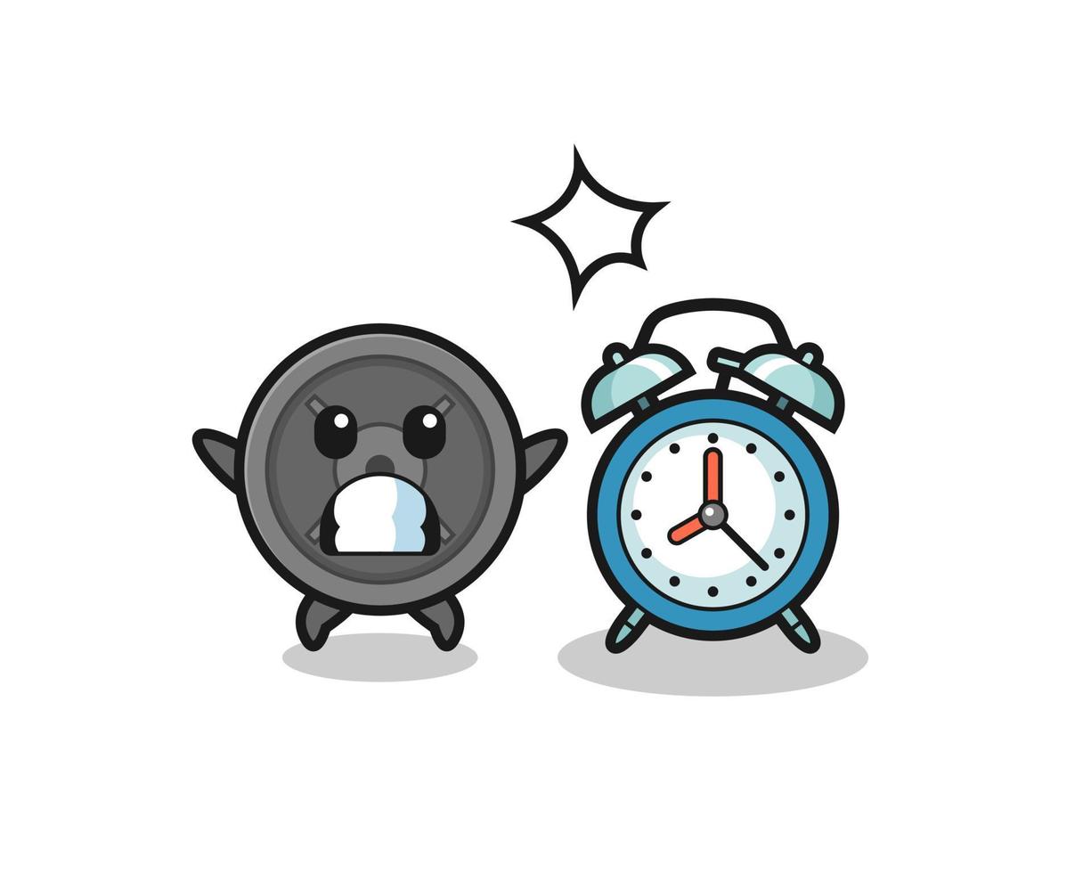 Cartoon Illustration of barbell plate is surprised with a giant alarm clock vector