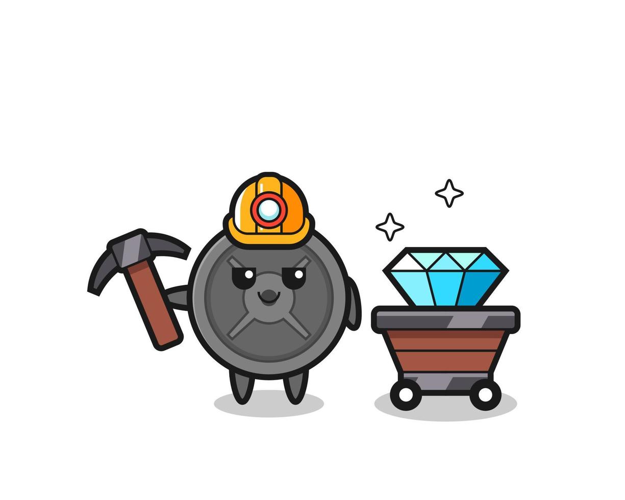 Character Illustration of barbell plate as a miner vector