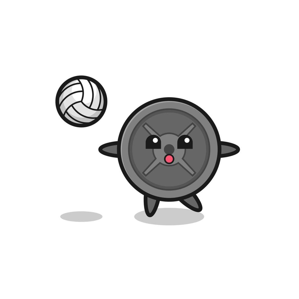 Character cartoon of barbell plate is playing volleyball vector