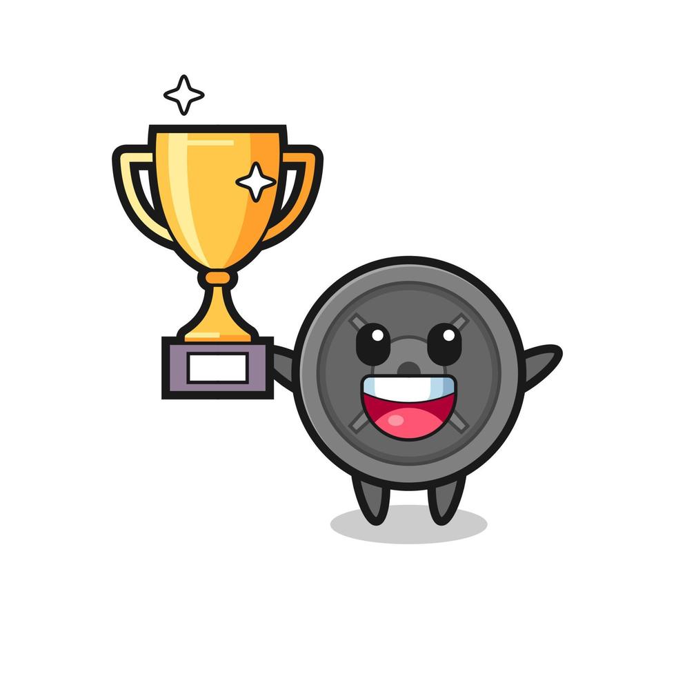 Cartoon Illustration of barbell plate is happy holding up the golden trophy vector
