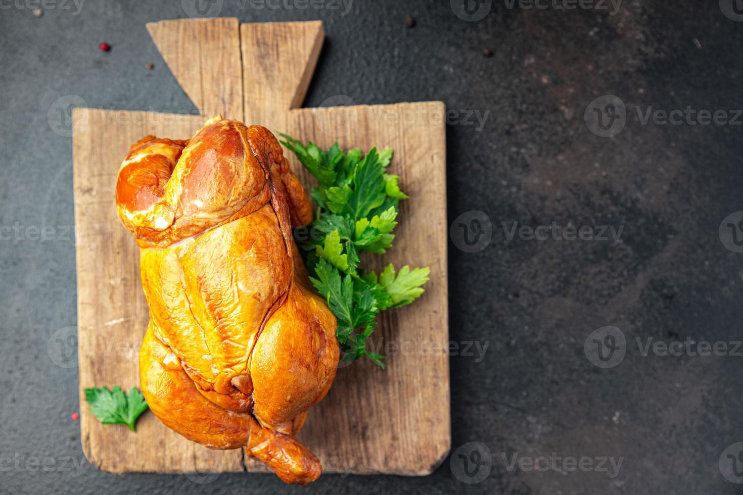 chicken meat baked fried festive table smoked whole poultry meat photo