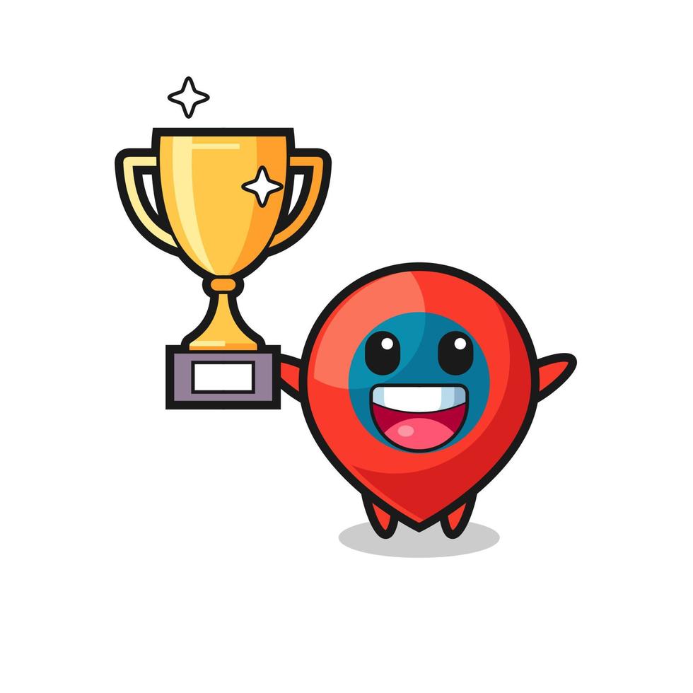 Cartoon Illustration of location symbol is happy holding up the golden trophy vector