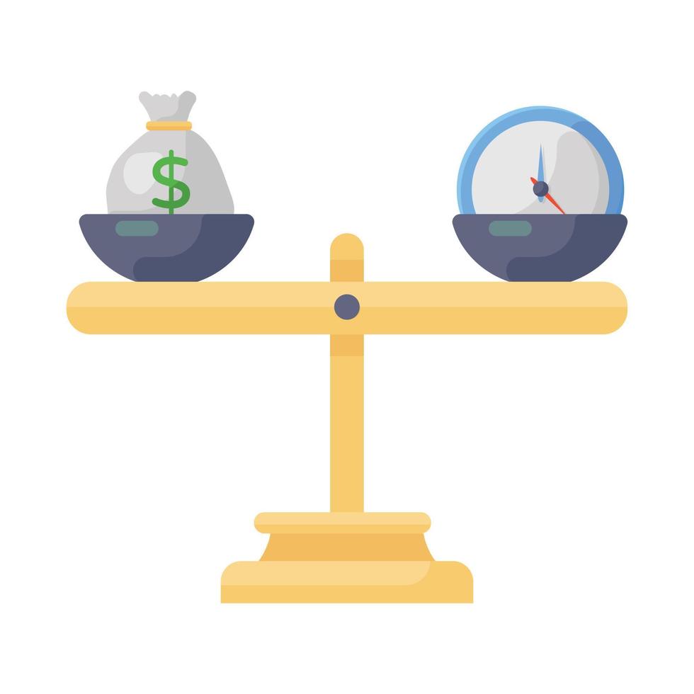Time vs money icon, flat design of seesaw having money bag on one side and clock on other side vector