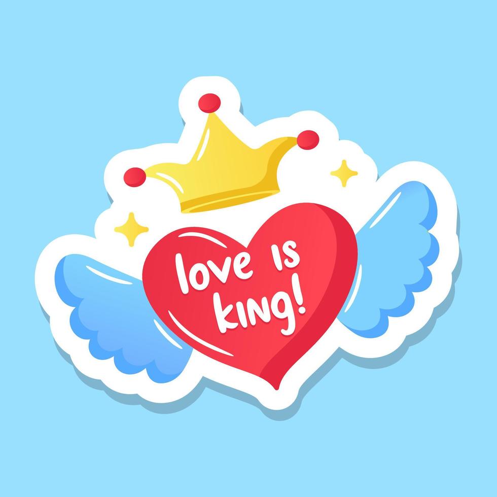 Crown over heart in flat sticker vector