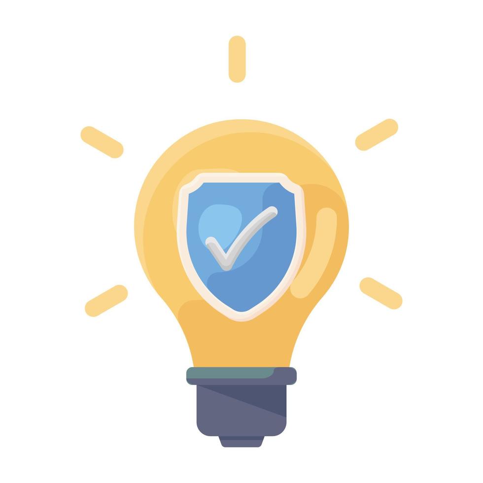 Tick mark with shield inside light bulb, idea protection icon vector