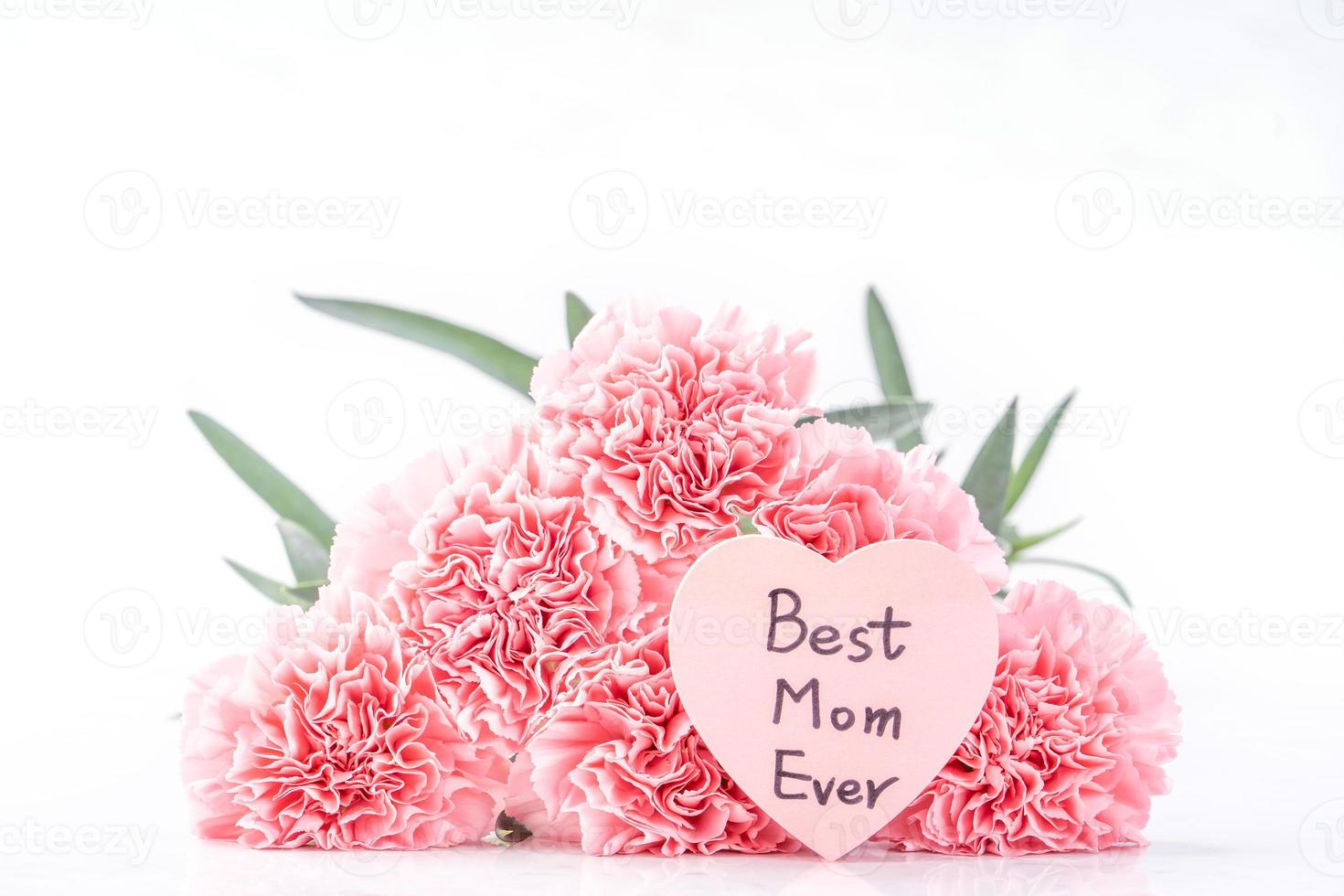 Top view of elegance blooming sweet pink color tender carnations isolated on bright white background with card, may mothers day mum greeting design concept, close up, copy space photo