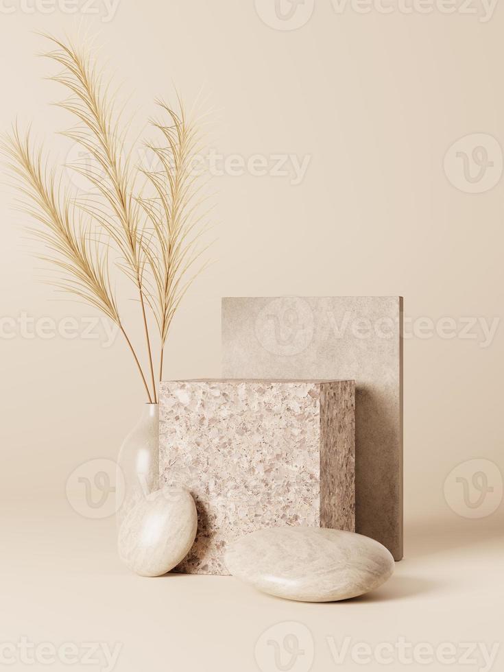 3d minimal granite cube display podiums with dried grass and pebbles on beige background. 3d rendering of abstract presentation for product advertising. 3d minimal illustration. photo