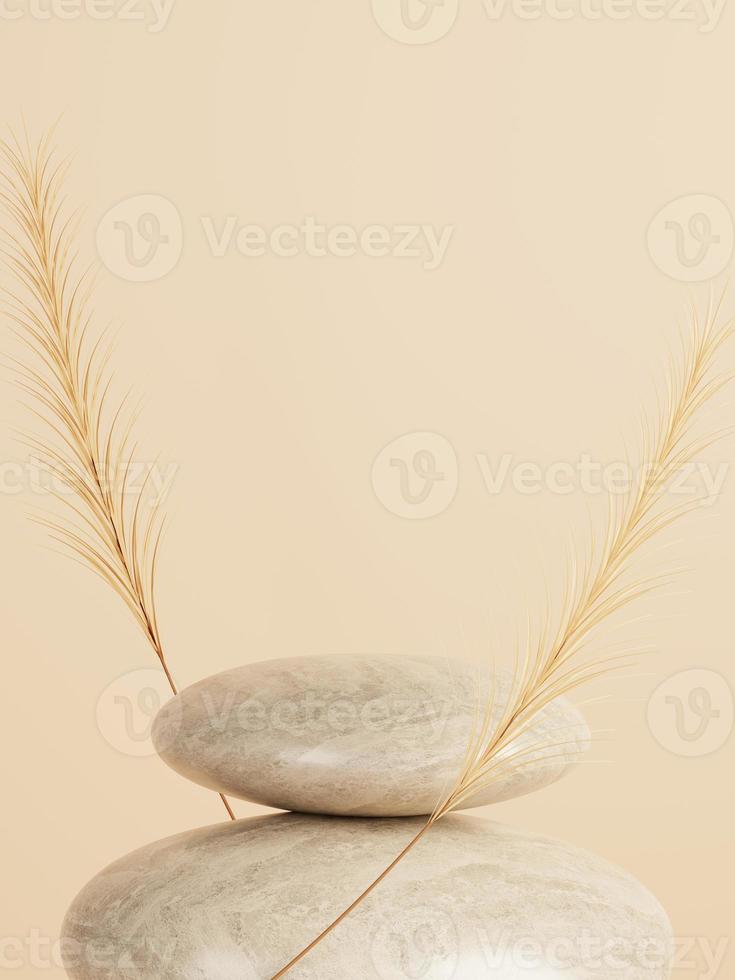 3d minimal pebble display podiums with dried tail grass on beige background. 3d rendering of abstract presentation for product advertising. 3d minimal illustration. photo
