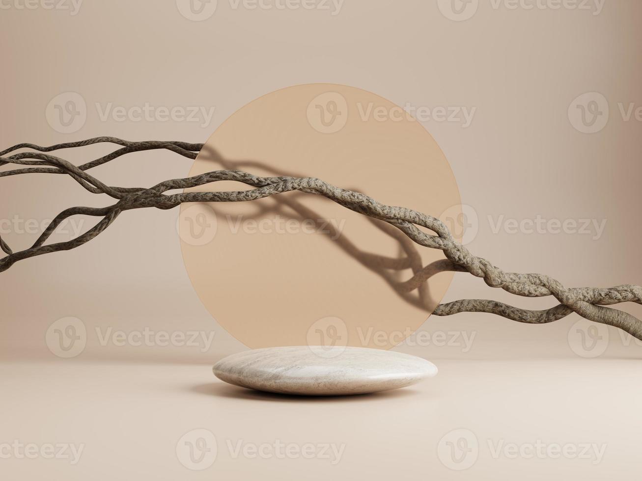 3d minimal pebble display podium with round glass and dried vine on beige background. 3d rendering of abstract presentation for product advertising. 3d minimal illustration. photo