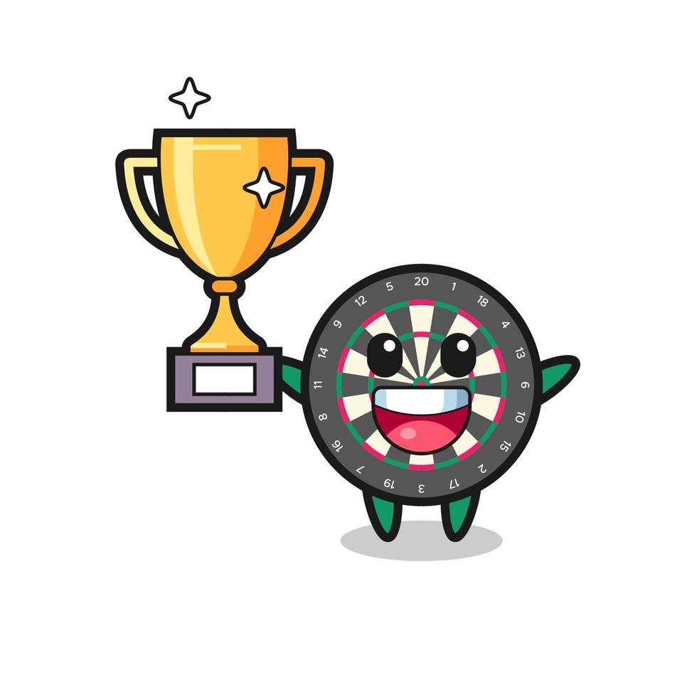 Cartoon Illustration of dart board is happy holding up the golden trophy vector