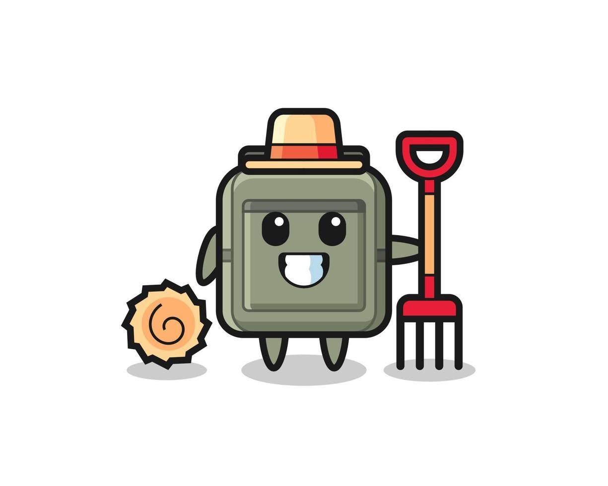 personaje mascota de la mochila escolar como agricultor vector